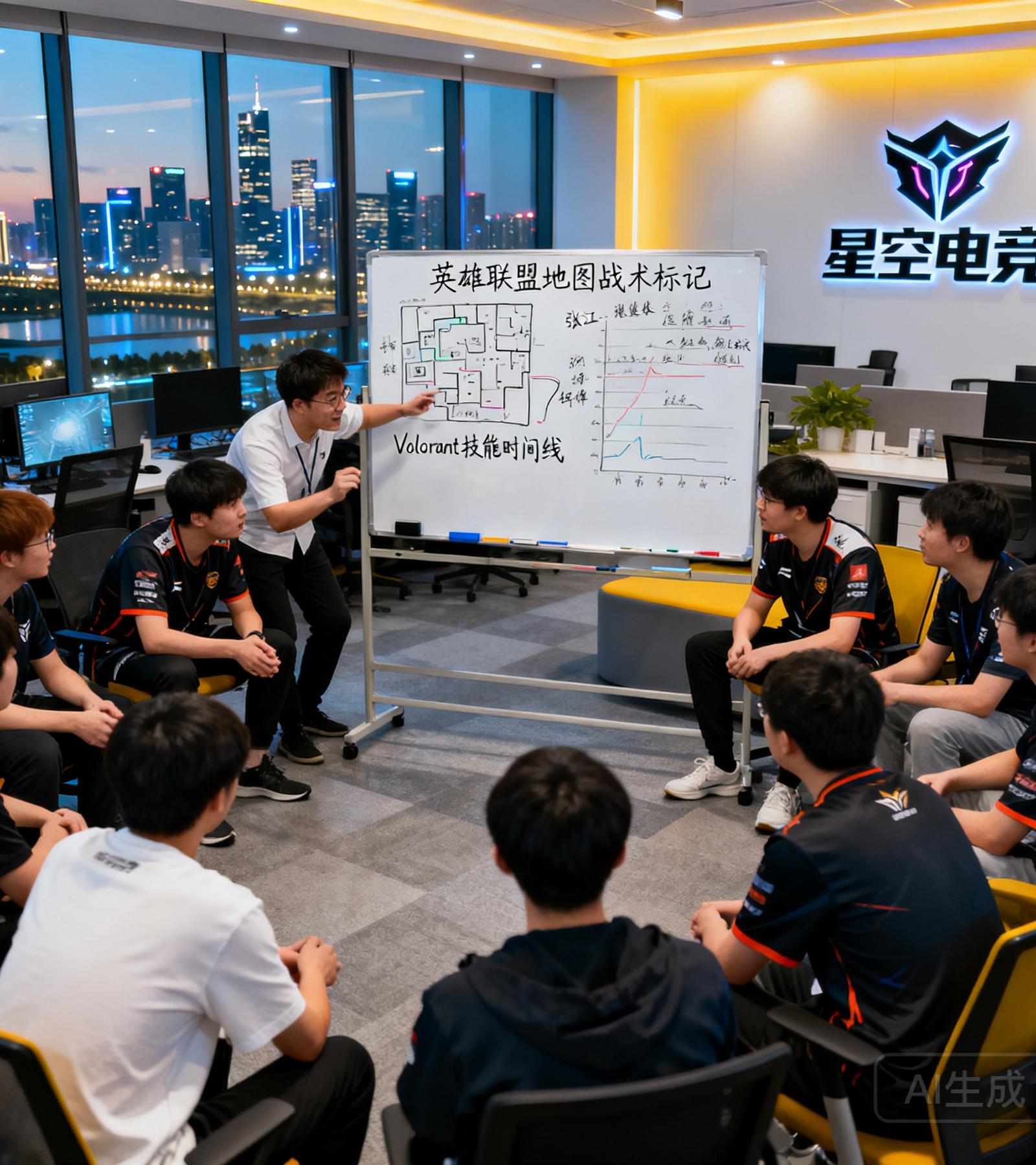 星空电竞上海总部办公室内，约30位团队成员围坐在开放式讨论区，白板上写满了英雄联盟地图战术标记和Valorant技能时间线，几位退役选手正在激烈但友好地争论一个战术细节，窗外是张江高科技园区的城市天际线。