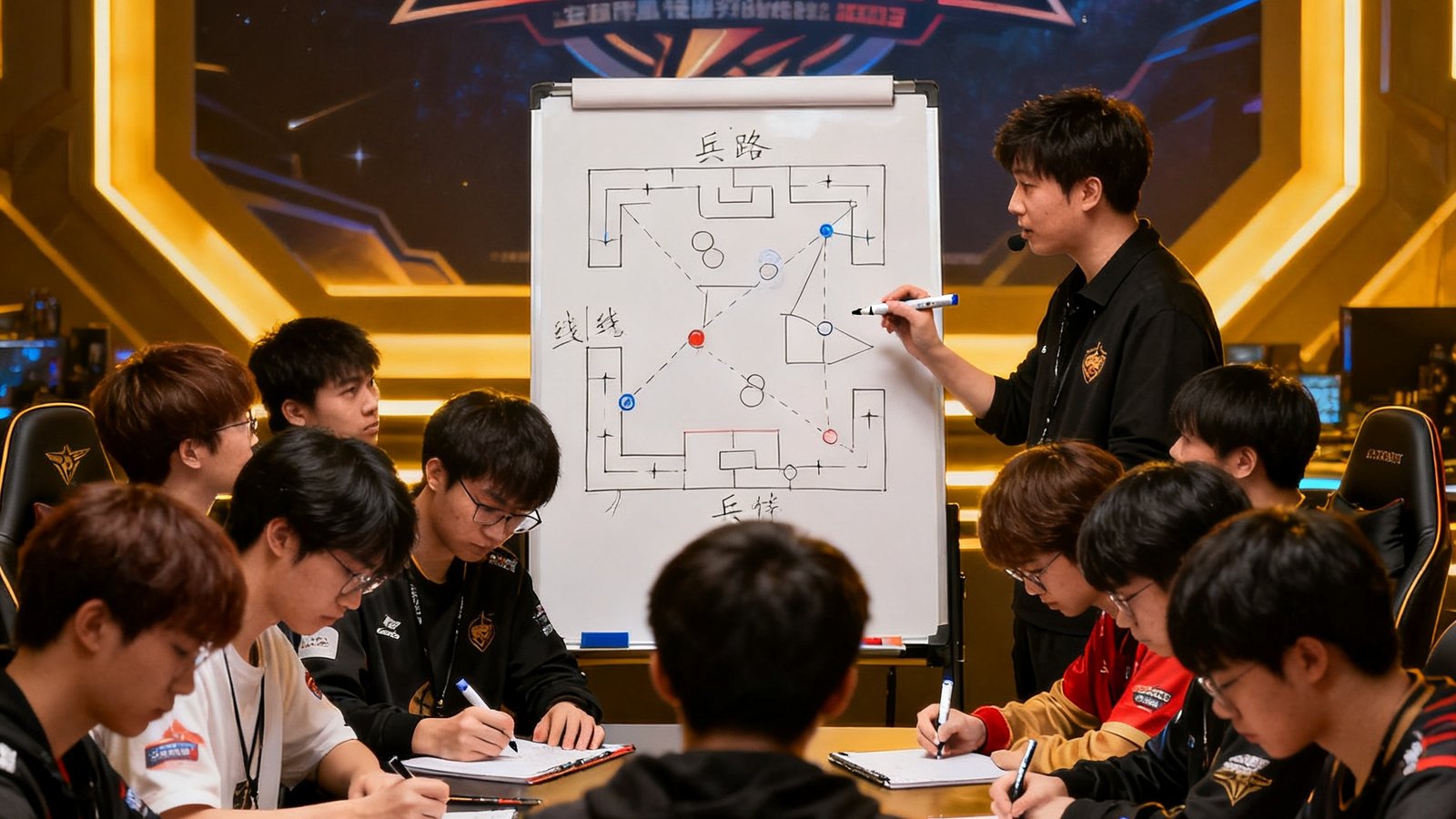 星空电竞举办的线下训练营活动中，12位来自不同段位的玩家围坐在战术白板前，一位教练正在用马克笔讲解下路对线的兵线管理技巧，参与者们认真记着笔记。