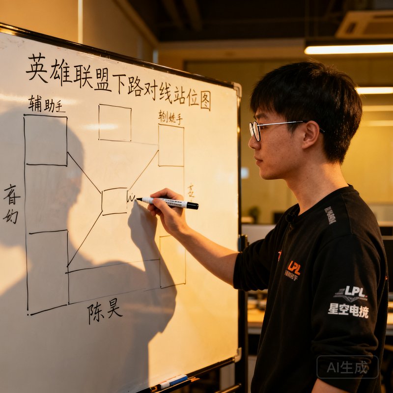 星空电竞联合创始人陈昊，32岁，前LPL职业辅助选手，戴着细框眼镜，正在白板前用马克笔绘制英雄联盟下路对线站位图，神情专注而认真。